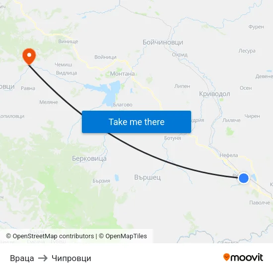Враца to Чипровци map