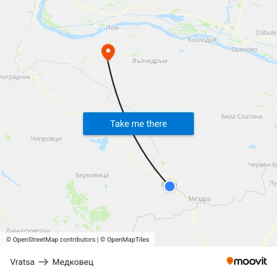 Vratsa to Медковец map
