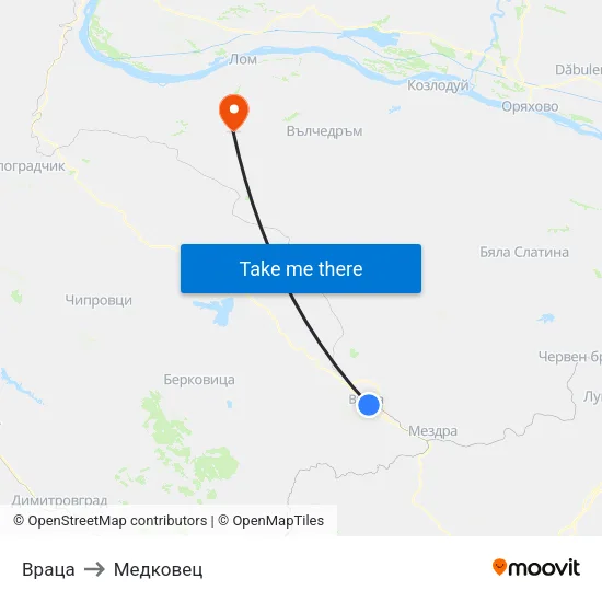 Враца to Медковец map