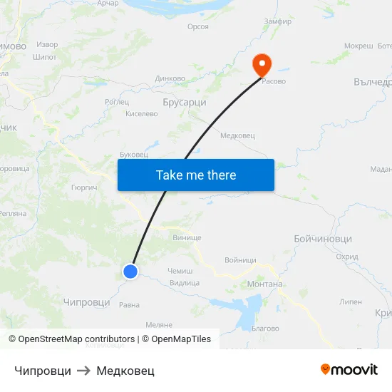 Чипровци to Медковец map