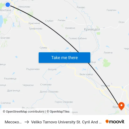Месокомбинат to Veliko Tarnovo University St. Cyril And Methodius Branch Vratsa map