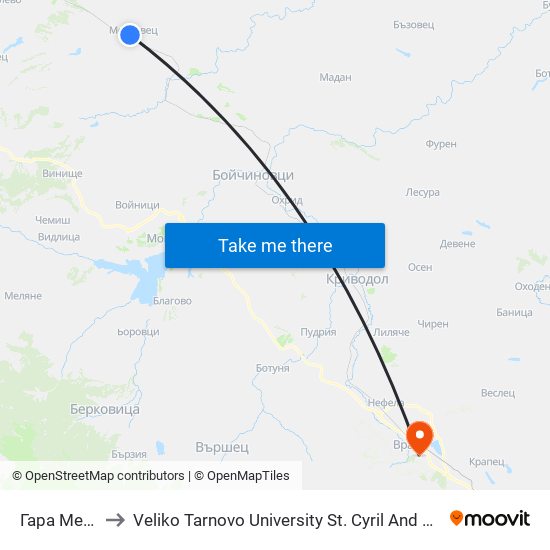 Гара Медковец to Veliko Tarnovo University St. Cyril And Methodius Branch Vratsa map