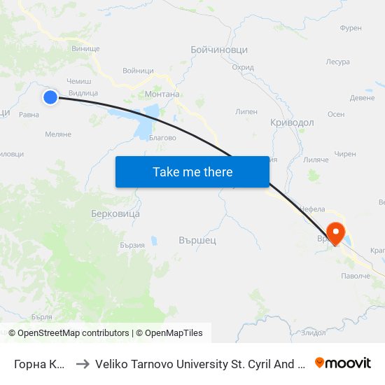 Горна Ковачица to Veliko Tarnovo University St. Cyril And Methodius Branch Vratsa map