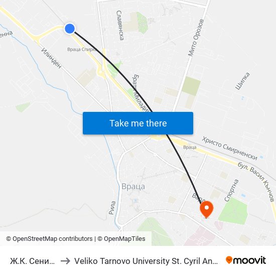 Ж.К. Сениче, Бл. 62 to Veliko Tarnovo University St. Cyril And Methodius Branch Vratsa map