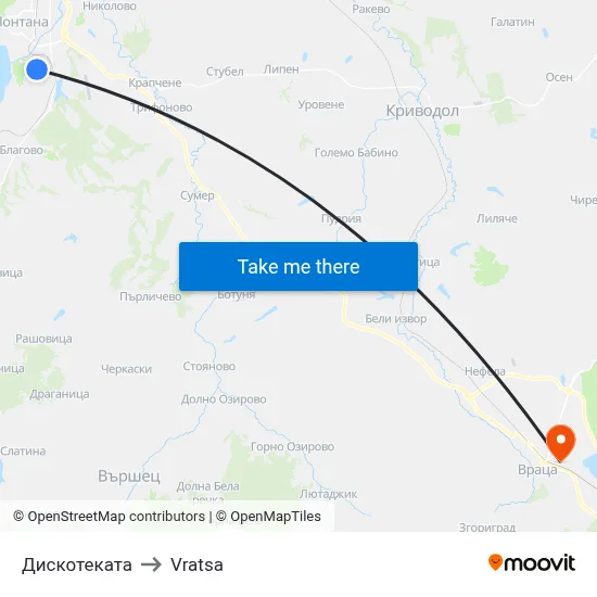Дискотеката to Vratsa map