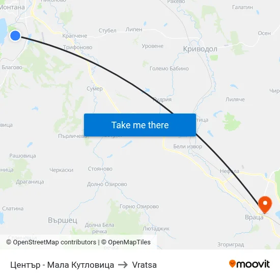 Център - Мала Кутловица to Vratsa map