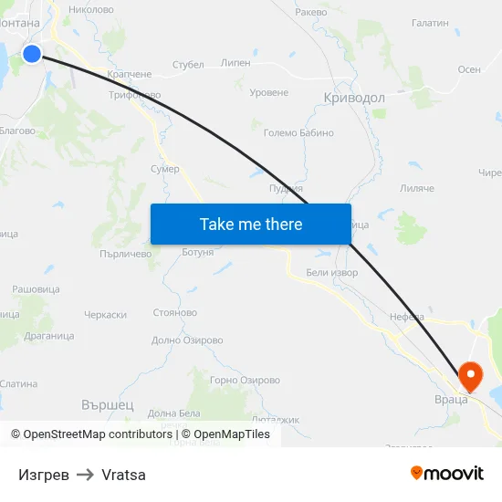 Изгрев to Vratsa map