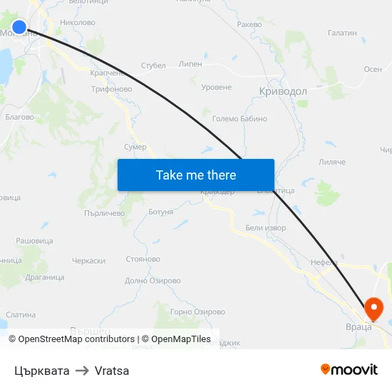 Църквата to Vratsa map