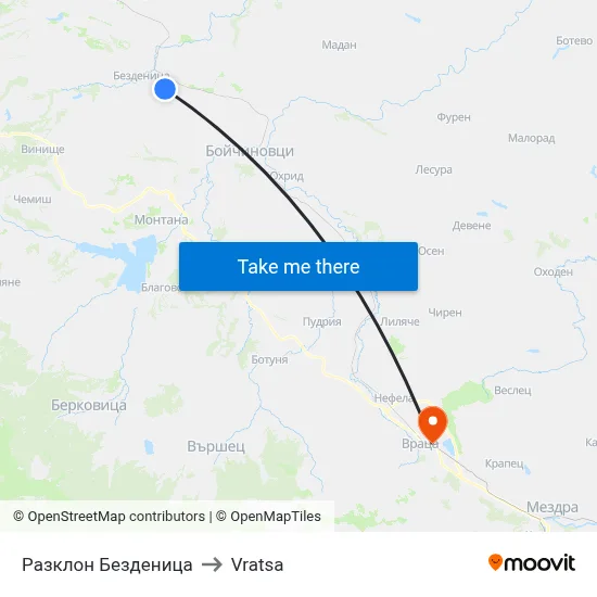 Bezdenitsa Junction to Vratsa map