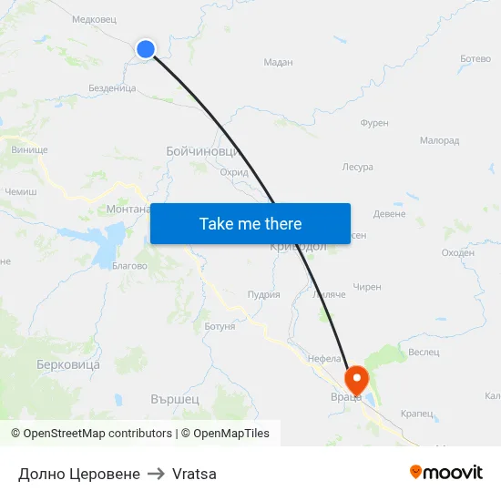 Dolno Tserovene to Vratsa map