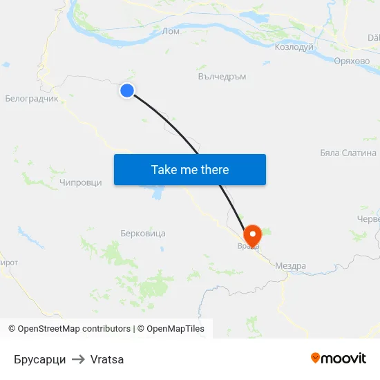 Brusartsi to Vratsa map