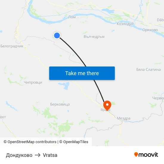 Dondukovo to Vratsa map