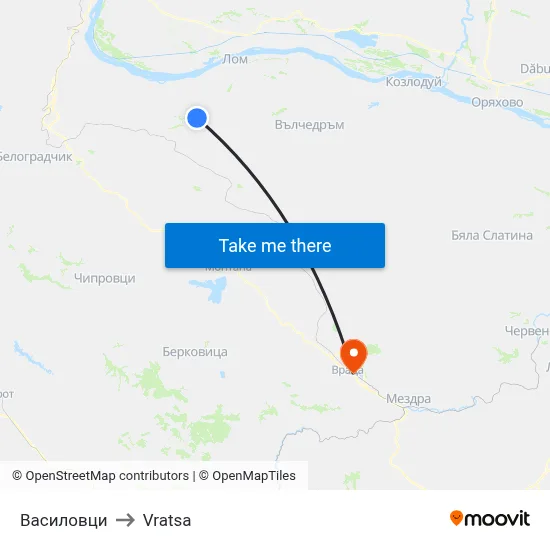 Vasilovtsi to Vratsa map