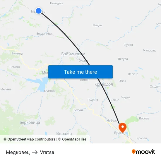 Medkovets to Vratsa map