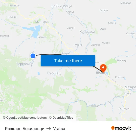 Bokilovtsi Junction to Vratsa map
