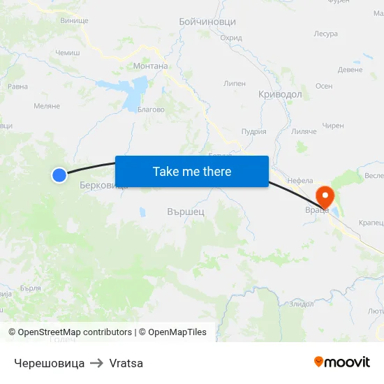 Chereshovitsa to Vratsa map
