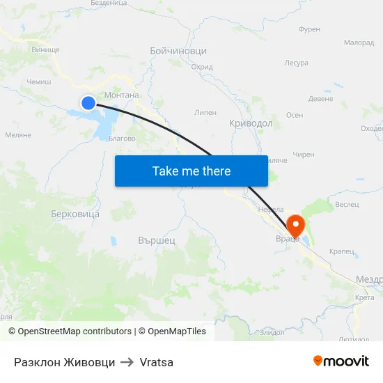 Zhivovtsi Junction to Vratsa map
