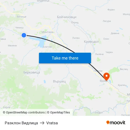 Vidlitsa Junction to Vratsa map
