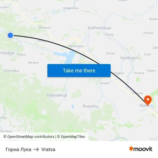 Gorna Luka to Vratsa map