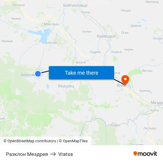 Mezdreya Junction to Vratsa map