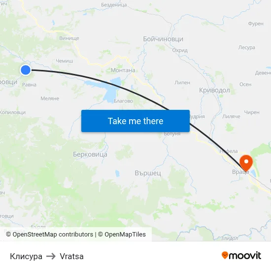 Klisura to Vratsa map