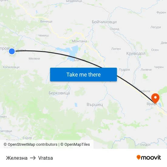 Zhelezna to Vratsa map