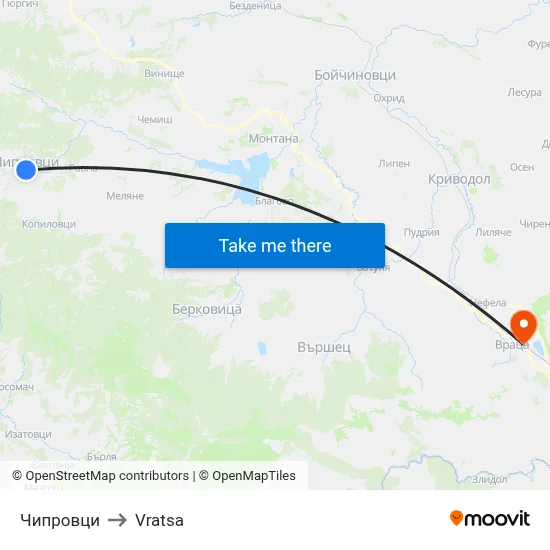 Chiprovtsi to Vratsa map