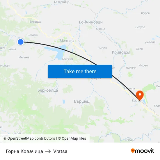 Gorna Kovachitsa to Vratsa map