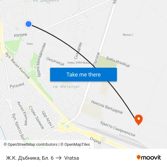 Ж.К. Дъбника, Бл. 6 to Vratsa map