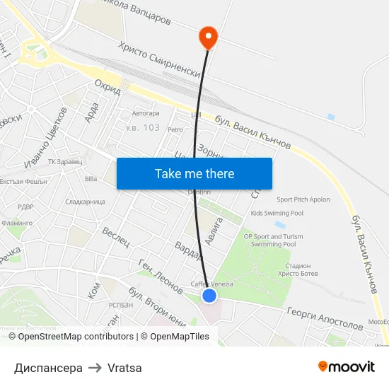 Диспансера to Vratsa map