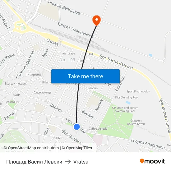 Площад Васил Левски to Vratsa map