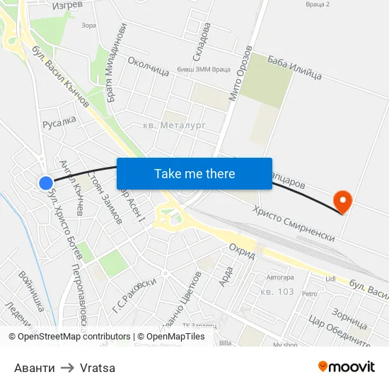 Аванти to Vratsa map