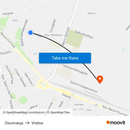Околчица to Vratsa map