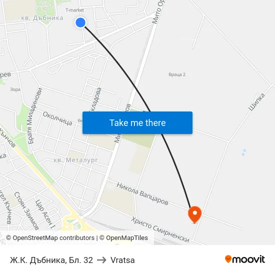 Ж.К. Дъбника, Бл. 32 to Vratsa map