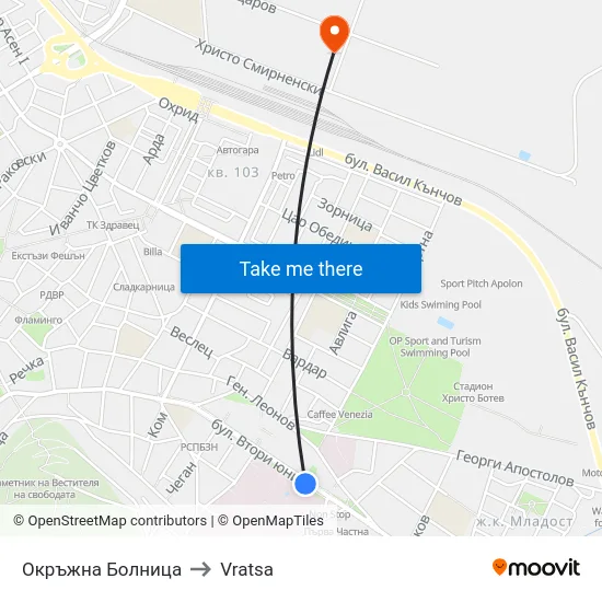 Окръжна Болница to Vratsa map