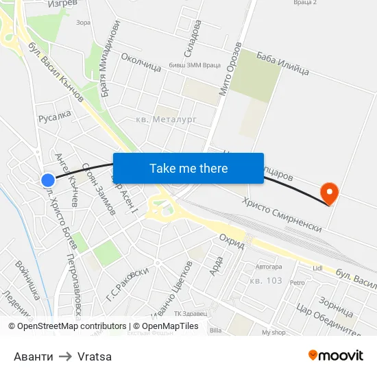 Аванти to Vratsa map