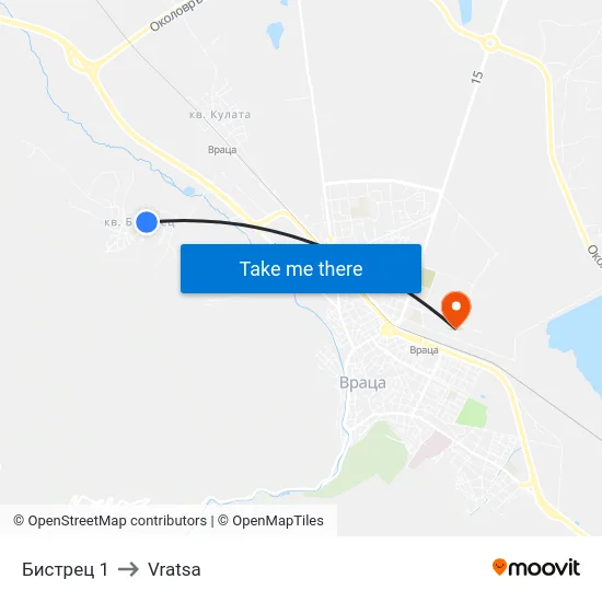 Бистрец 1 to Vratsa map