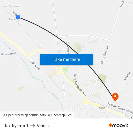 Кв. Кулата 1 to Vratsa map