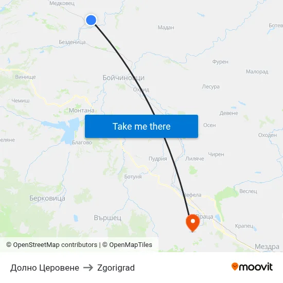 Долно Церовене to Zgorigrad map