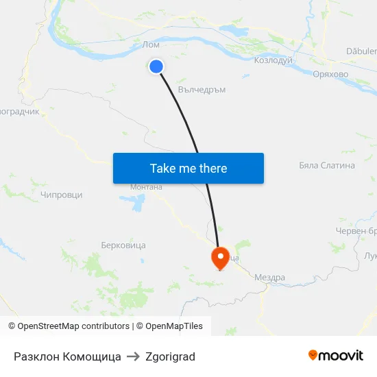 Разклон Комощица to Zgorigrad map