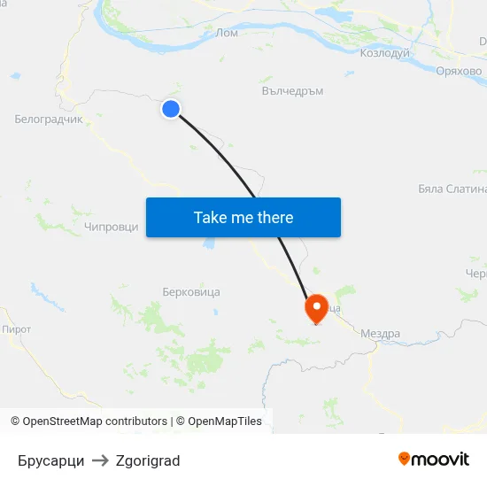 Brusartsi to Zgorigrad map