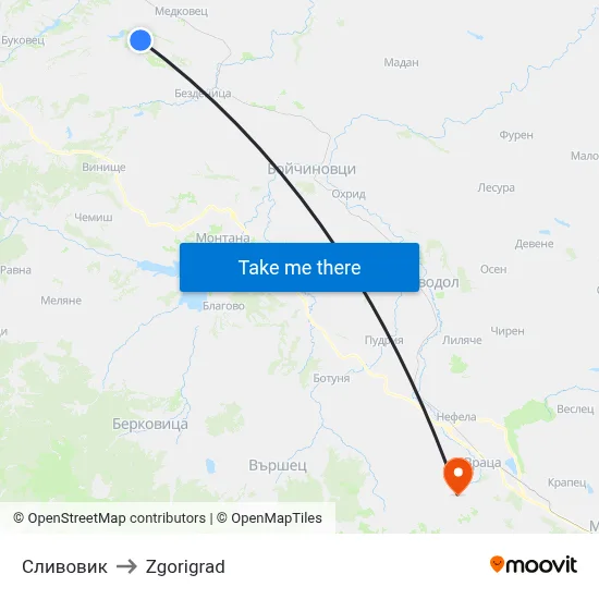 Slivovik to Zgorigrad map