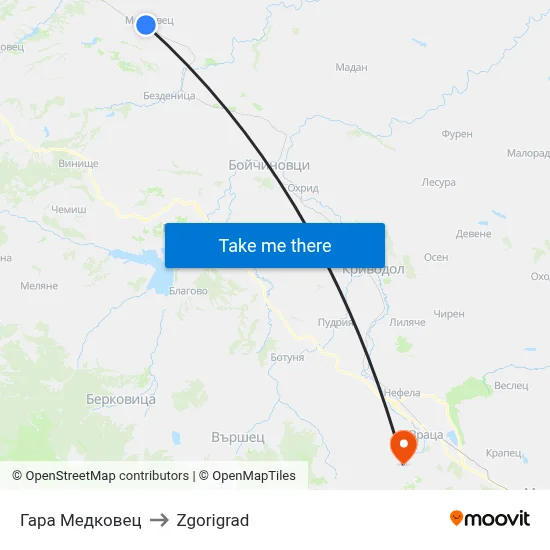 Medkovets Station to Zgorigrad map