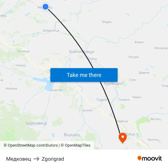 Medkovets to Zgorigrad map
