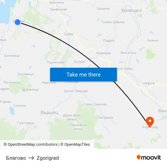 Blagovo to Zgorigrad map