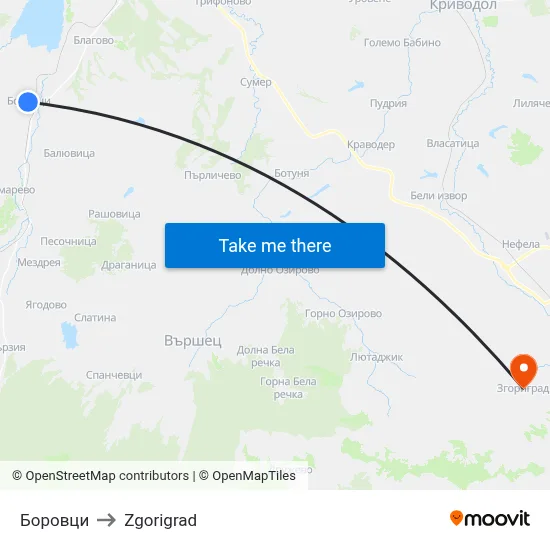 Borovtsi to Zgorigrad map