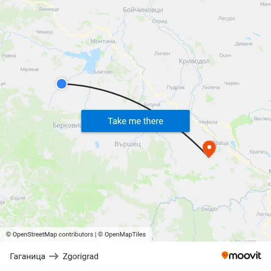 Gaganitsa to Zgorigrad map
