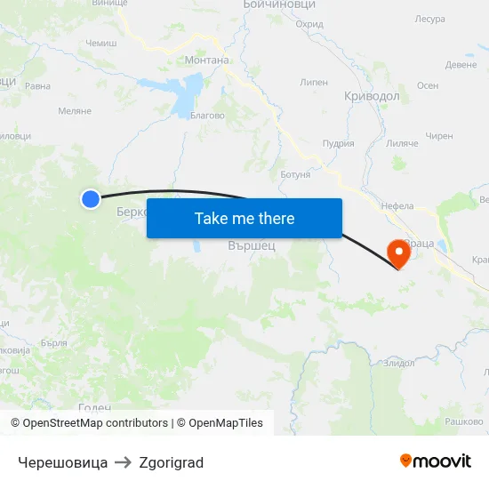 Chereshovitsa to Zgorigrad map