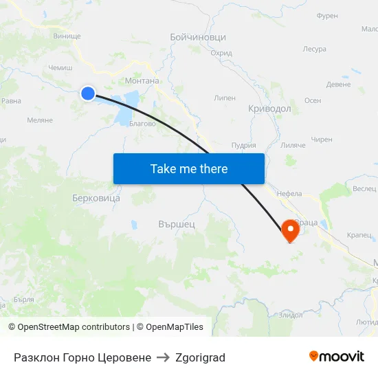 Gorno Tserovene Junction to Zgorigrad map