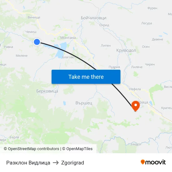 Vidlitsa Junction to Zgorigrad map